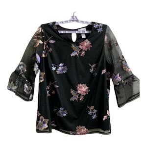 Catherines Women’s Blouse Size 0X Black Dressy Sheer Embroidered  Sleeves Tunic